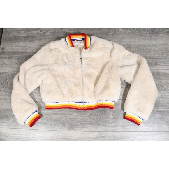 Spiritual Gangster Teddy Bomber Jacket Womens Medium Cream Give Love Deep Pile - Picture 1 of 8